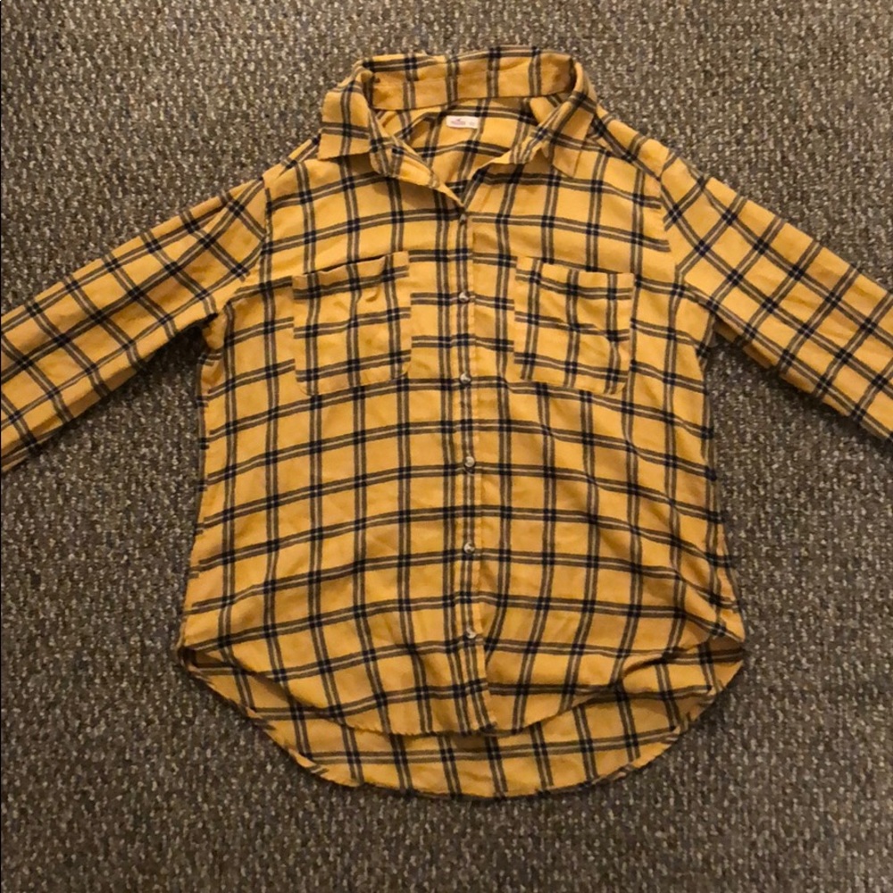 Hollister mustard and navy blue plaid shirt